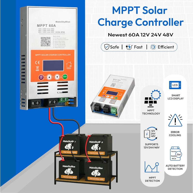 MakeSkyBlue 60A MPPT Solar Charge Controller V124 – Upgraded, 12V/24V/48V Auto Detection, Supports Lead-Acid & Lithium Batteries, Max 160V PV Input - Image 2